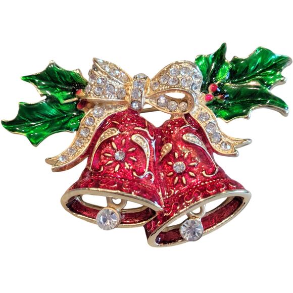Vintage Christmas Bells Brooch Red Enamel Green Holly Gold Tone Rhinestone Bow - Picture 10 of 11
